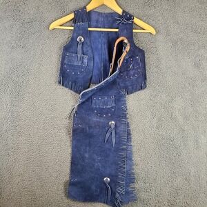 VTG Sears Kids Leather Fringe Cowboy Vest & Chaps Set Blue Size L (5-6X)